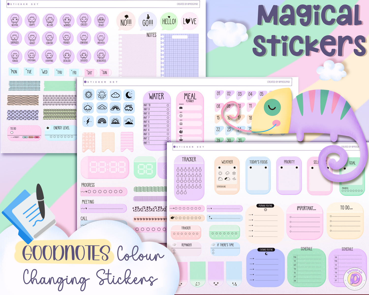 Magical stickers, colour changing stickers for Goodnotes, Basic widget edition.
