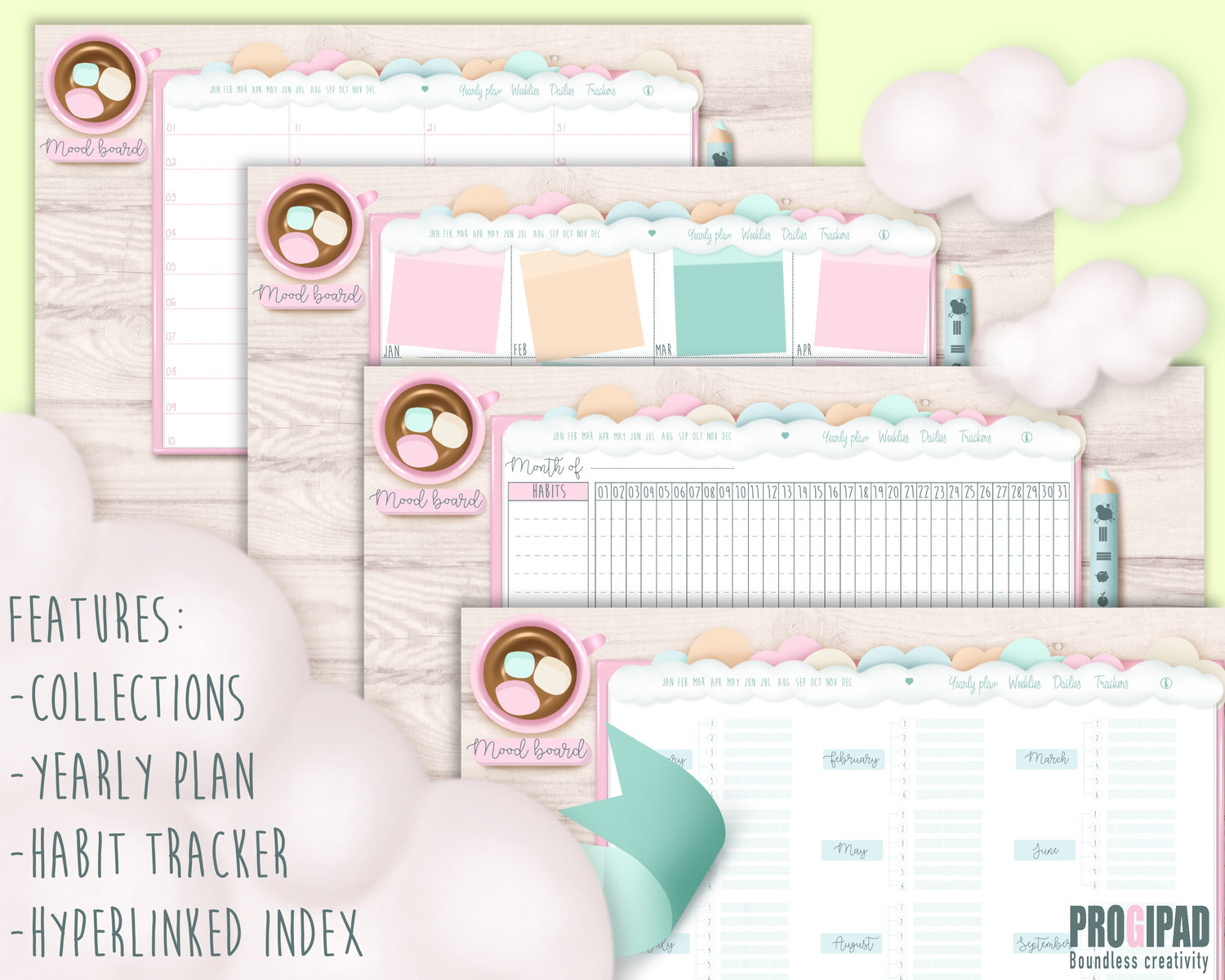 Mini Smart planner, 1 year, Undated and fully linked, Sunday start. Cloud collection.